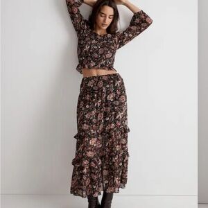 Madewell Floral Ruffle Skirt Set in Black and Pink